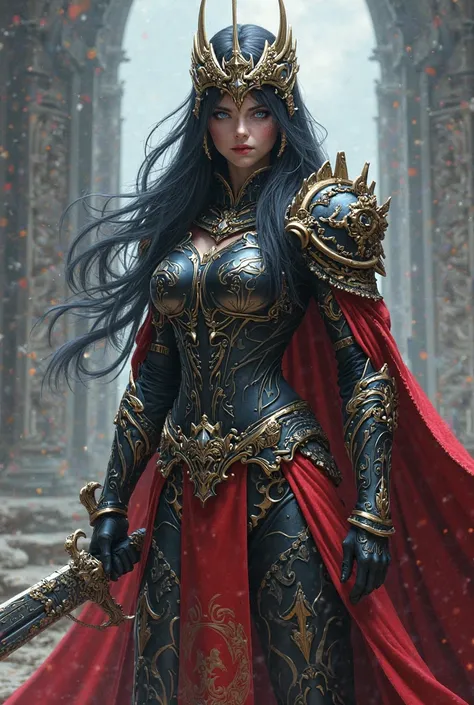 Une femme guerrière heroic fantasy aux longs cheveux noirs aux yeux bleus à l'armure noire rouge et dorée fluorescente tenant une épée ciselée et avec sur la tête un casque sculpté 