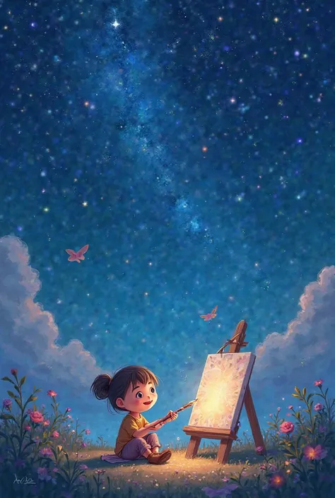 A  is painting under the starry night sky in poetic chibi style