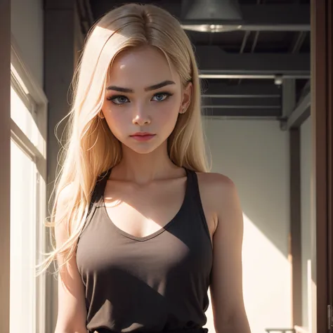 The image is a photograph featuring a cute young  girl. She has
long, straight blonde hair and her face seems calm and contemplative as she looks off to the side rather than
directly at the camera. The woman is wearing a sleeveless top that leaves her uppe...