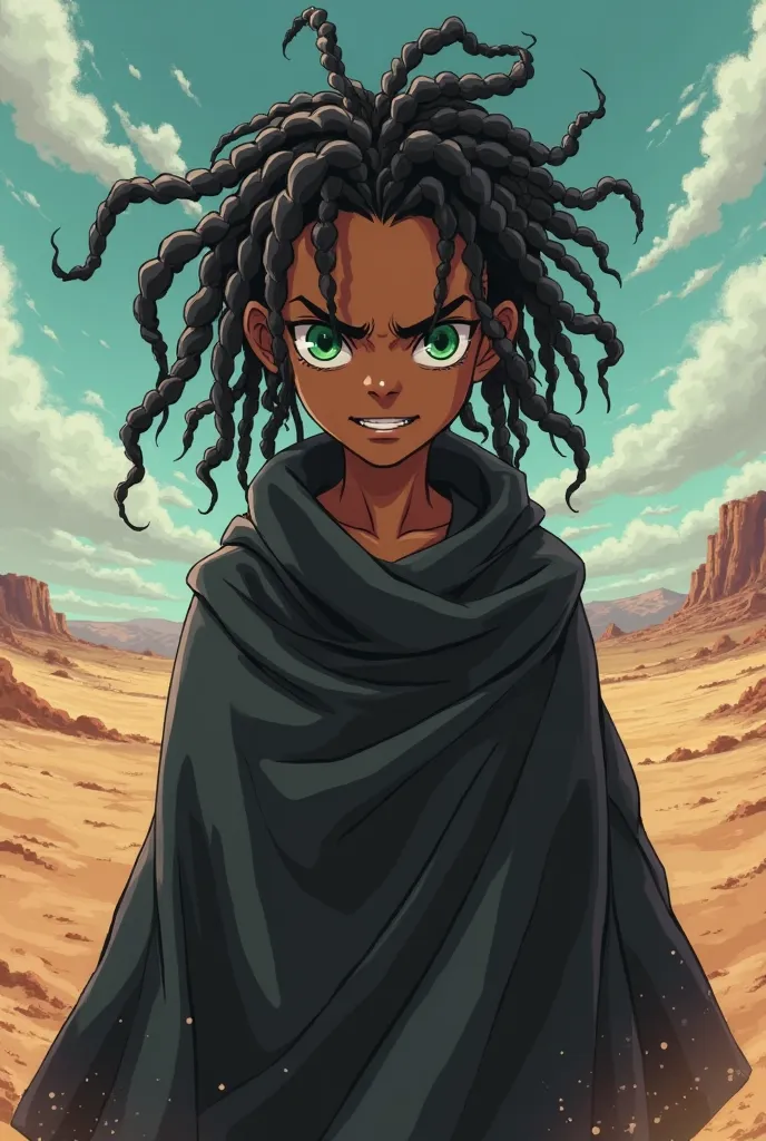 A 16-year-old black boy , green eyes with dreads in their hair and a black robe,  in anime style , Angry in a desert 