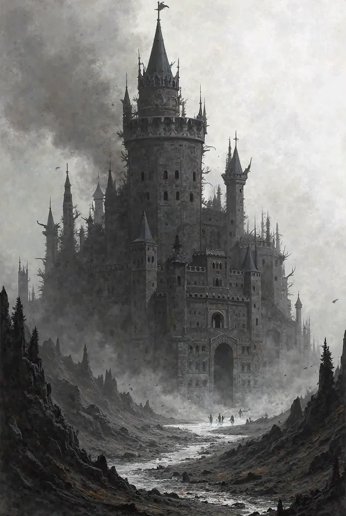 A grim medieval castle shrouded in smoke, ruined after a battle. The image is drawn in a raw black metal album cover style, with dark, high-contrast, and rough, hand-drawn aesthetics.