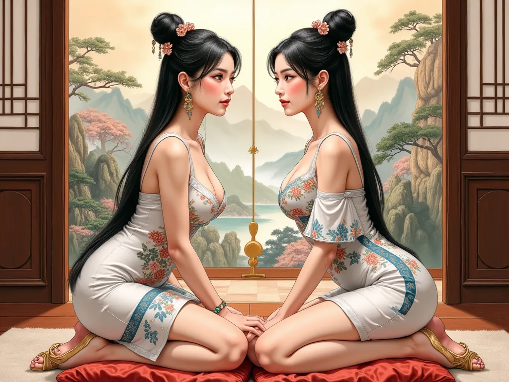 Detailed proportions and textures and multi-color with airbrushed brush strokes that presents a semi-realistic illustration in Chinese ink a gemini twins (full body, with shy pose, playful look, bright yellow-gold eyes, defined eyebrows, long eyelashes, pe...