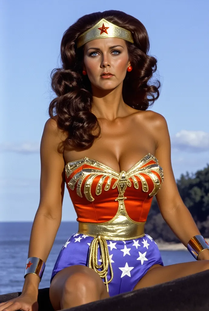 watches are on hand looking at the camera! Linda Carter as Wonder Woman,  with long wavy dark hair, in a classic suit: Golden hoop,  red corset with gold stars , blue shorts with white stars and red knee-length boots. The lasso of truth ,  golden and glowi...