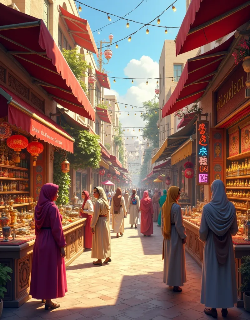 {
  "prompt": "A vibrant and lively street named 'The Street of Civilizations,' where cultures from around the world coexist in a colorful marketplace. The street is lined with unique shops, each representing a different civilization. An Arab shop features...