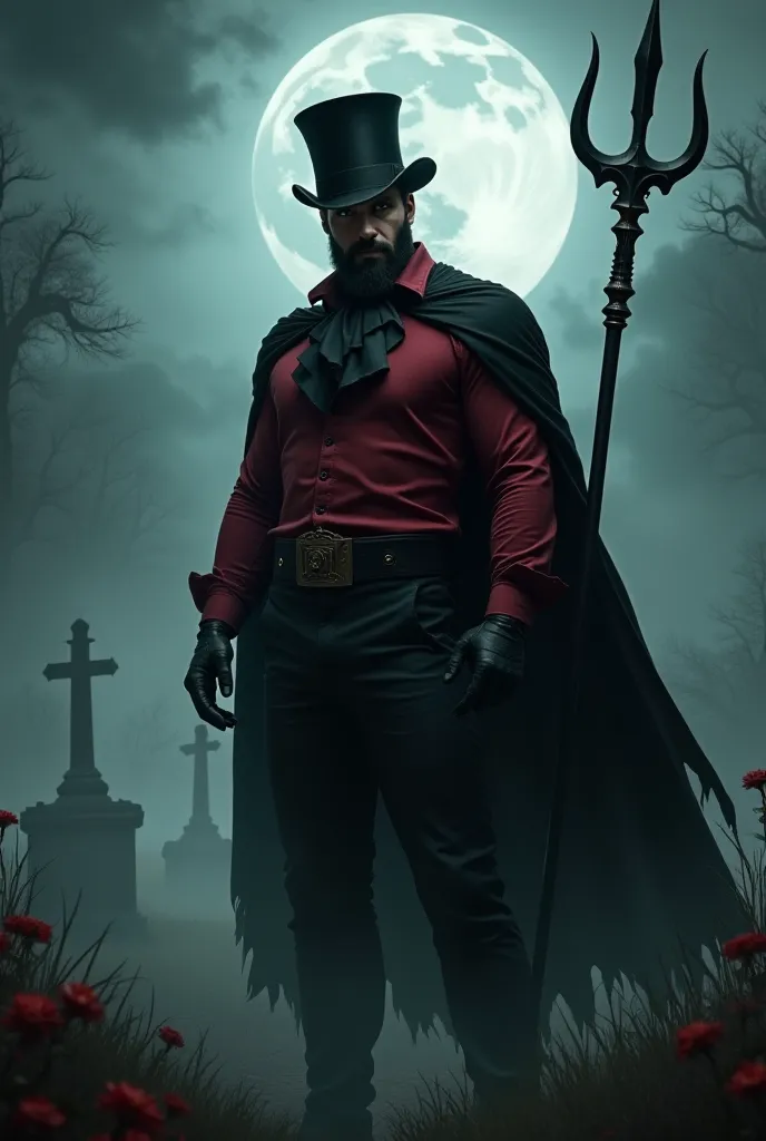 The image portrays a dark, gothic scene featuring a tall, imposing man standing in a misty graveyard under a full moon. He has sharp, chiseled facial features, a thick black beard, and a piercing gaze that seems to cut through the fog. His eyes are shadowe...