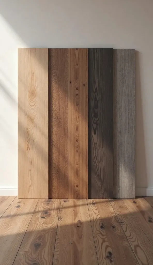 An eye-catching image showcasing a series of laminate planks arranged verticaly in a sleek, linear fashion. The planks feature a variety of shades, including light oak, warm walnut, deep espresso, and cool gray, creating a visually striking contrast of col...