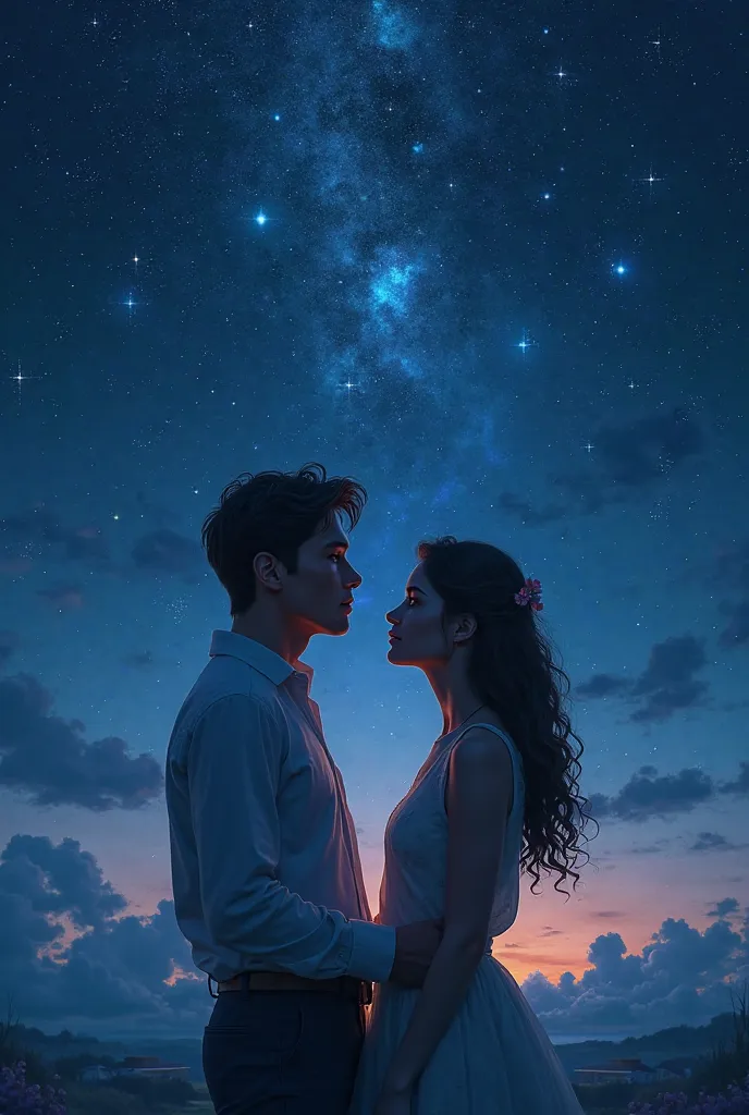 two couple staring at each in the under the night sky at night with many stars. The woman