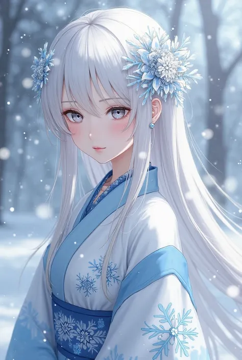 

"An anime-style woman with an ethereal and icy presence. Her long snow-white hair falls on soft tufts around his face, highlighting her almost white gray eyes, cold and mysterious. Her pale skin reflects the purity of winter, as if sculpted in ice. She w...