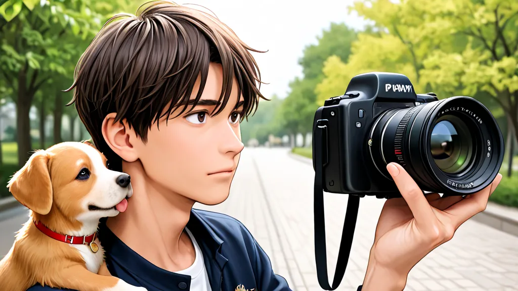  park with my pet、The scene where the dog walked up、brown puppy、Only one boy and a girl are shown、The boy and girl are both high school students the same age、The camera shows the entire distance、boy and brown-haired girl、draw the same face as the one befor...