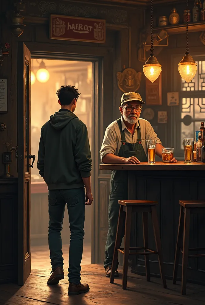 a 19 year old boy, entering a PUB and greeting the Barman, who is a skinny old man in a cap wearing overalls.