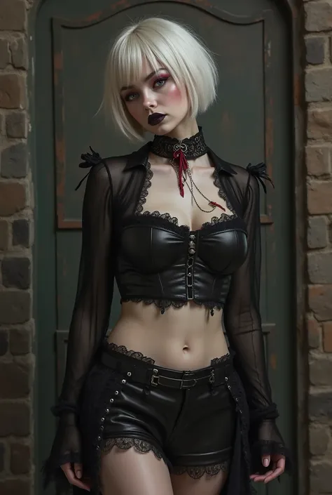 elizabeth: *Alone, Gothic black skirt, panties sink your ass and pussy,lustful black short top, Black Lipstick, sexy black eyeliner body, huge breasts and big ass, thick thighs, short white hair with red dye on the tips of my hair, red eyes,has a bifurcate...