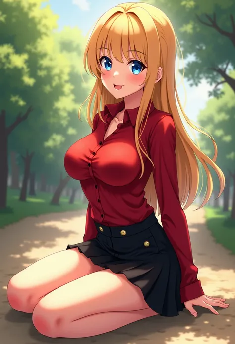 Anime girl, age, blonde hair, blue eyes, smile, red shirt, black skirt, big breast, hot figure, sexy looks, sitting on the ground,