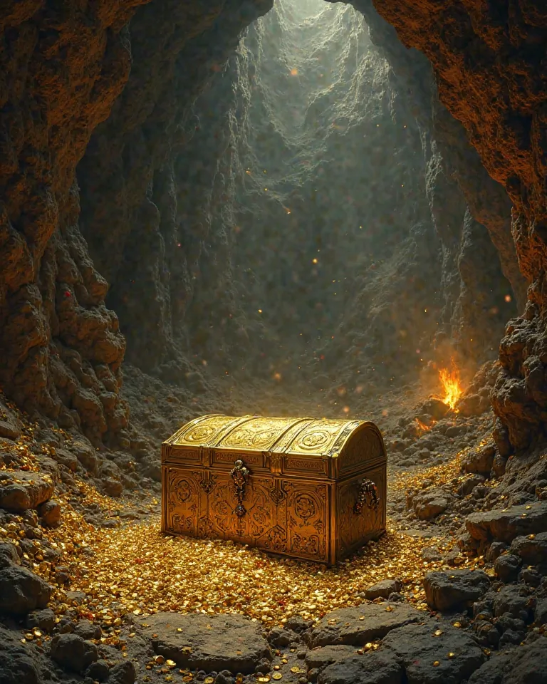 "A golden treasure chest inside the Lonely Mountain, situated in the dark and vast Caves of Smaug. The chest is ornate, with intricate designs and shimmering golden hues, surrounded by piles of gold coins, jewels, and ancient artifacts. The atmosphere is m...