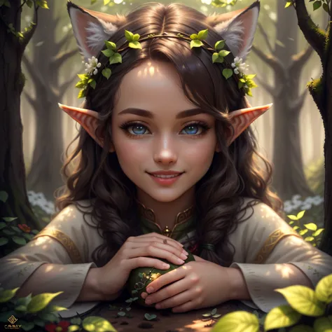 A woman elf druid, druid attire, barefoor, with a ankle band, caressing a forest fox