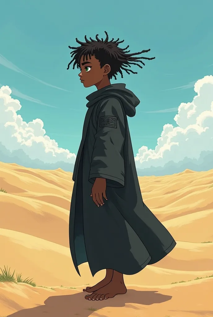 A 16-year-old black boy , green eyes with dreads in their hair and a black robe,  in anime style , Lost in a desert 