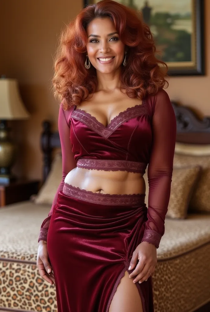 In the photo an elegant 50 years old woman with very long curly wavy red hair in a mature sexy body stands in a sexy pose in a cozy bedroom. She is dressed in a stylish burgundy set consisting of a short top with lace trim and long sleeves and a tight sexy...