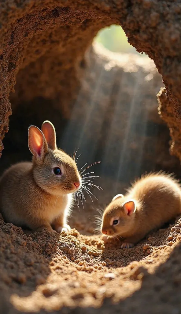 A baby rabbit and a ferret playing in an underground room illuminated by beams of natural light — The ferret hides behind a hollow trunk, while the rabbit gently digs the soft earth. Small rays of sunlight enter through the entrance of the burrow, illumina...