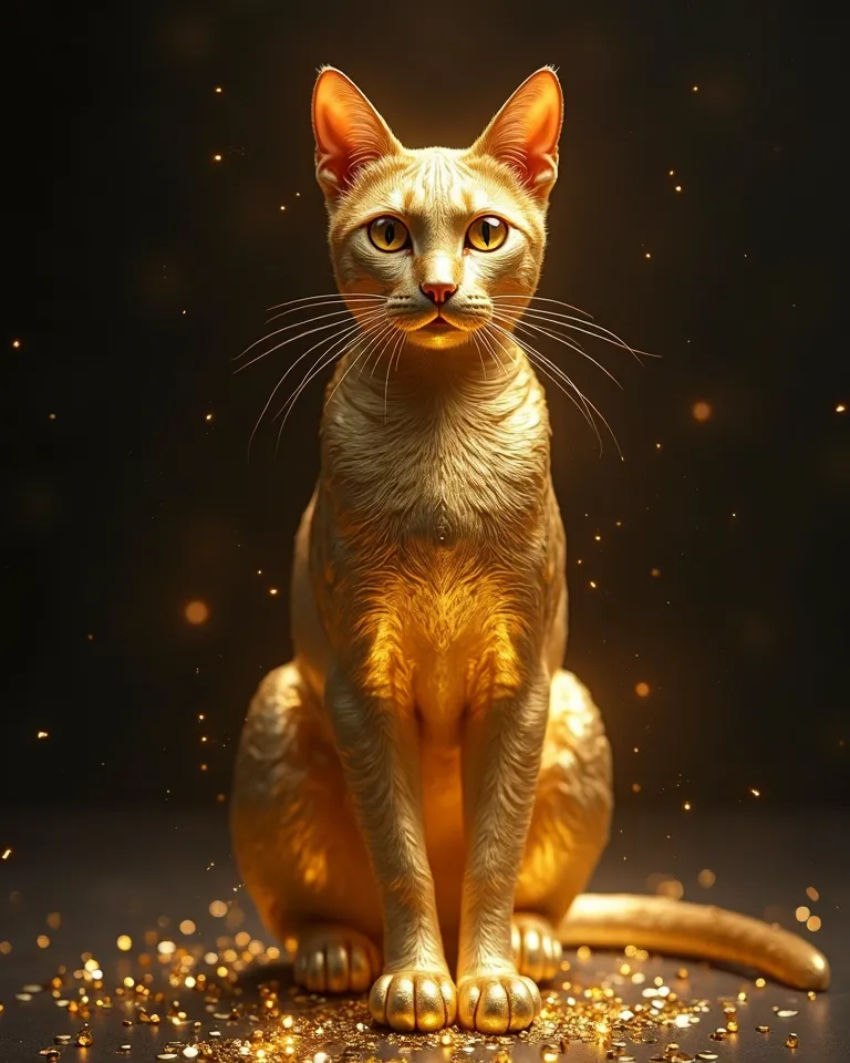 A kitty cat made of pure gold, looking at the camera, beautiful eyes, backdrop is black, magical Devine light focusing the cat,realistic high Quality sharpe Images 