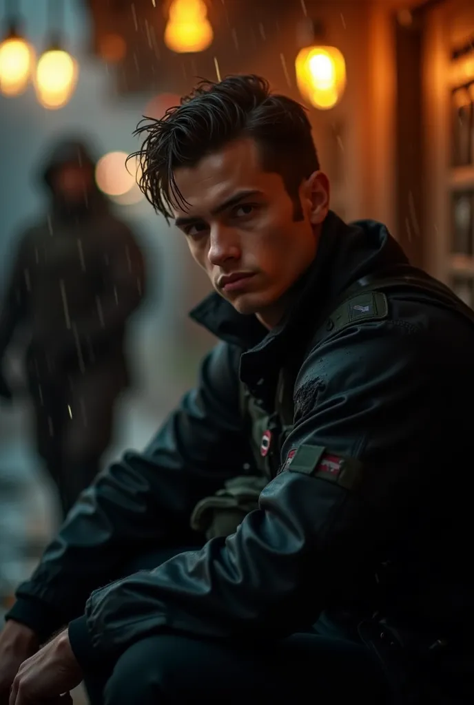 "A young man with sharp facial features, wet hair, and a focused expression, dressed in tactical military gear with a dark, modern design. He is sitting under the rain at night, illuminated by a warm golden light from nearby string lights, creating a drama...