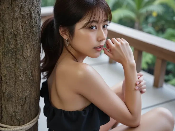 Gorgeous、Wonderful、Average build、Of a slender Japanese３０A 、clear skin、nothing underneath,  realistic pictures, big, naturally saggy breasts, Excellent female image, tied with a rope to a tree, Hands above head, Summer Forest,   Lush Vegetation  ,  Full bod...