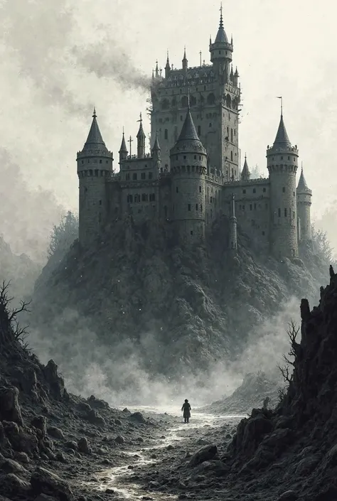 A grim medieval castle shrouded in smoke, ruined after a battle. The image is drawn in a raw black metal album cover style, with dark, high-contrast, and rough, hand-drawn aesthetics.