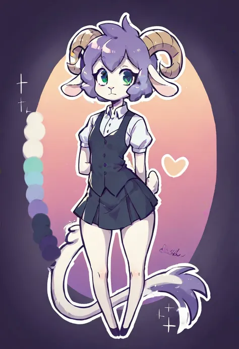  Masterpiece , Best quality,  adult ram,  Best quality  , lamb ears  ,  sheep horns  ,  Very detailed illustration , ( Anthropomorphic guy:1,7),  fair skin ,  purple hair,  green eyes, (19 years old)  disheveled fluffy hair ,   pigtail hair , seductive loo...