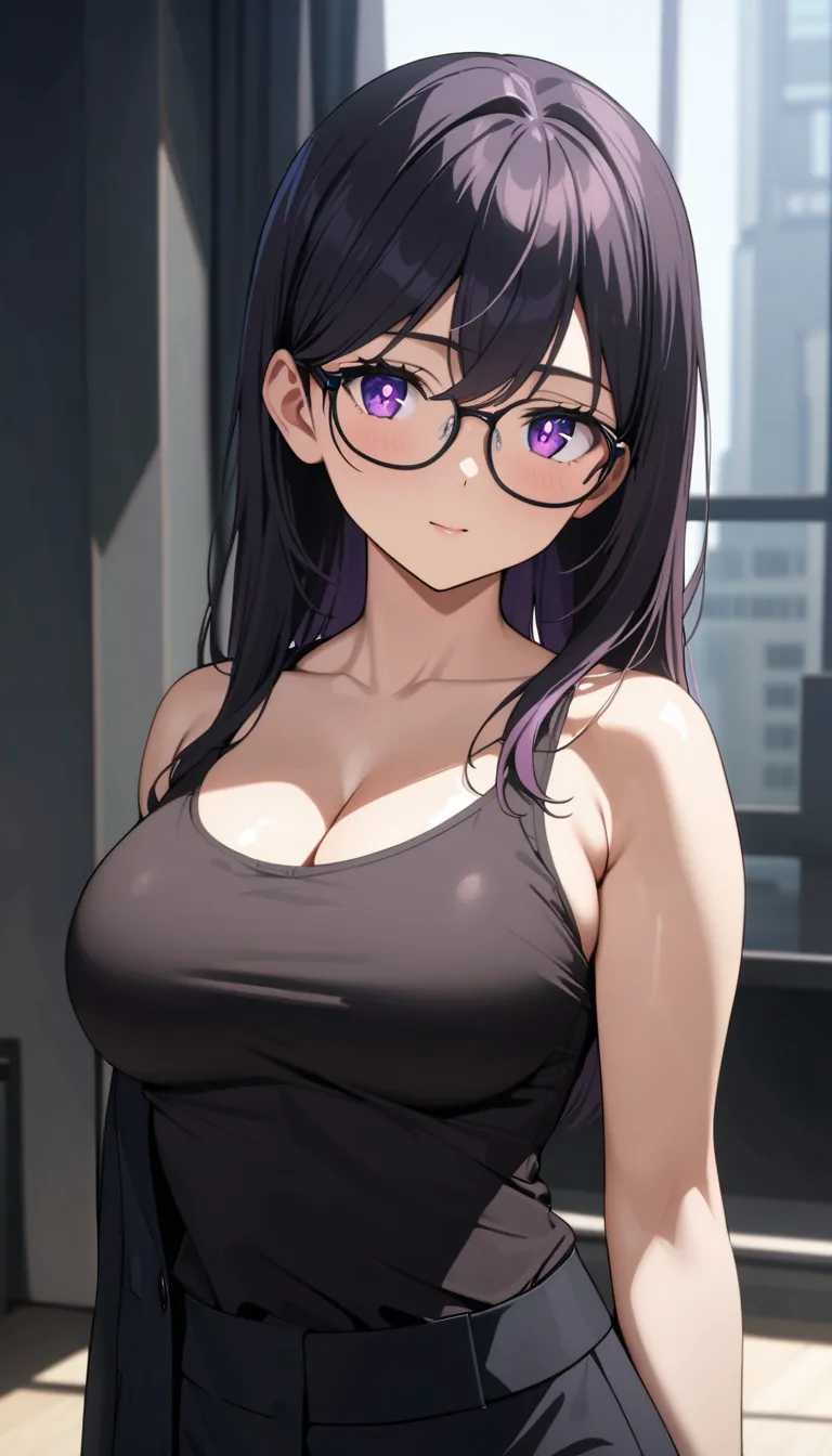 Hizuru Minakata, 1girl, black hair, Shiny Hair, purple eyes, detailed reflective eyes, glossy eyes, radiant skin glow, beautiful breasts, wearing a black jacket, black tank top, black trousers, suit, glasses, black rim glasses, high quality, high resolutio...