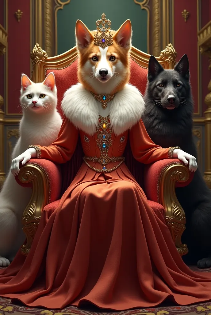 Create the image of a female queen female dog with a cat and another dog as subjects