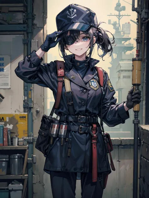 A mature woman with black hair tied up, wearing a baseball cap and goggles covering her eyes, wearing black gloves and a navy blue long-sleeved work uniform, smiling with a submachine gun in her hand