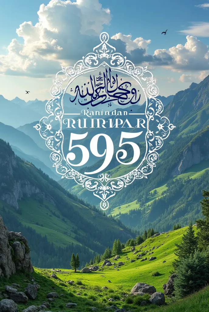 A breathtaking landscape with majestic mountains and lush green meadows in the background. In the center, the words ‘Ramadan Mubarak’ appear in elegant calligraphy, surrounded by intricate decorative patterns. Below, the number ‘595’ is prominently display...