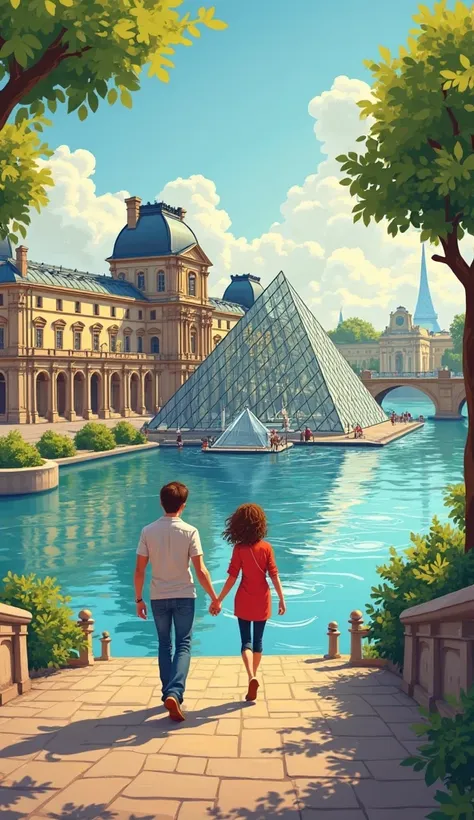 a cartoon image of paris with focusing in the sean river and the lover musuem