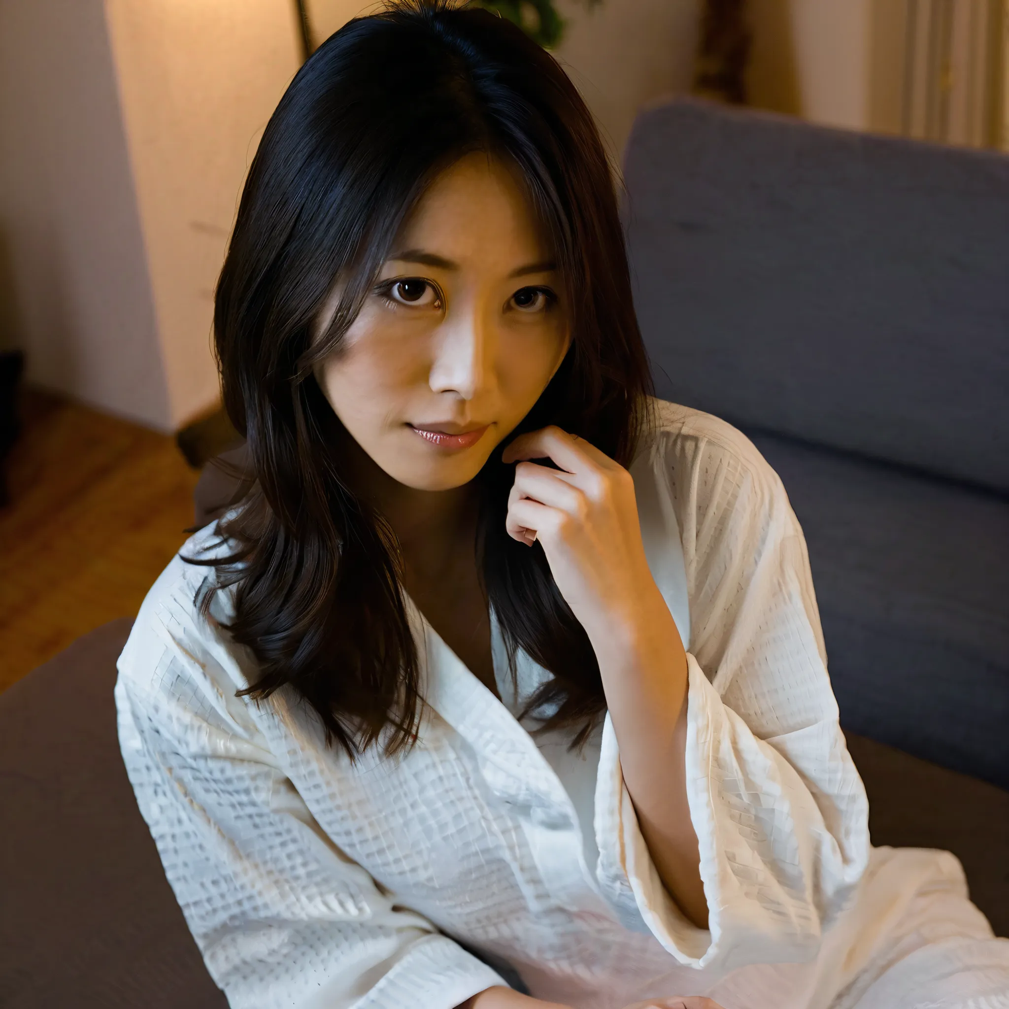 30 year old Japanese woman、 Skinny Body 、 medium perm hair、White pajamas、Sit on the sofa in the living room at home、looking here