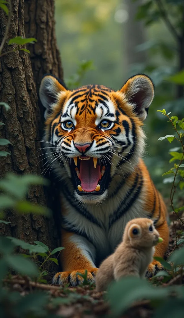 a crying tiger cub, pressed by a tree in a dense forest, his eyes  and fear, other animals like a monkey, a rabbit, and birds, as well as a lion, trying to help him, highly detailed, 8K, HDR, photorealistic, lush forest, dramatic lighting, cinematic, wildl...