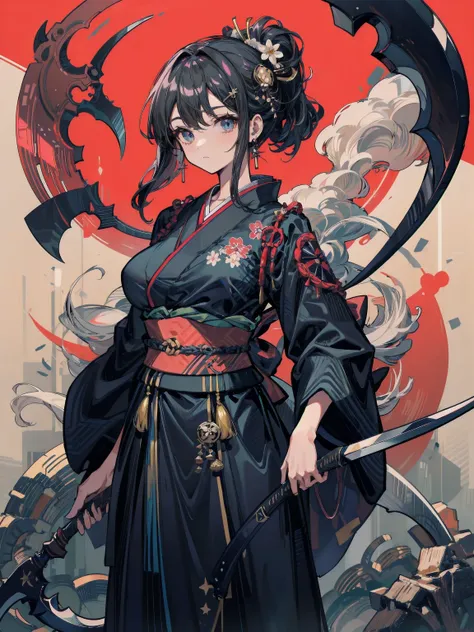 anatomically correct, (cowboy shot:1.2), looking at viewer, earring, huge breasts, medium hair, half updo, hair ornament, black hair, (black kimono:1.2), (holding scythe:1.2),