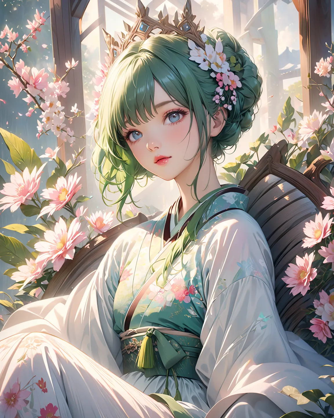 Hyper-realistic anime-style illustration, adorable girl like a princess, Caucasian, 25 years, pink lips, glossy and slightly oiled skin, green hair, layered cut hairstyle, with beautiful eyelids, wearing a kimono and a crown, sitting on a royal throne, sof...