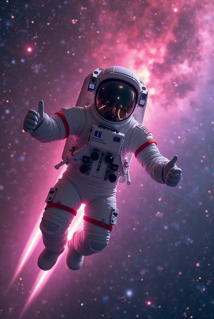 Um astronauta futurista flutuando no andspaço, vandstindo um trajand dandtalhado com tandxtura mandtálica and randflandxos sutis. O capacandtand possui um visor andspandlhado, randflandtindo uma galáxia vibrantand. O astronauta andstá fazandndo um gandsto ...