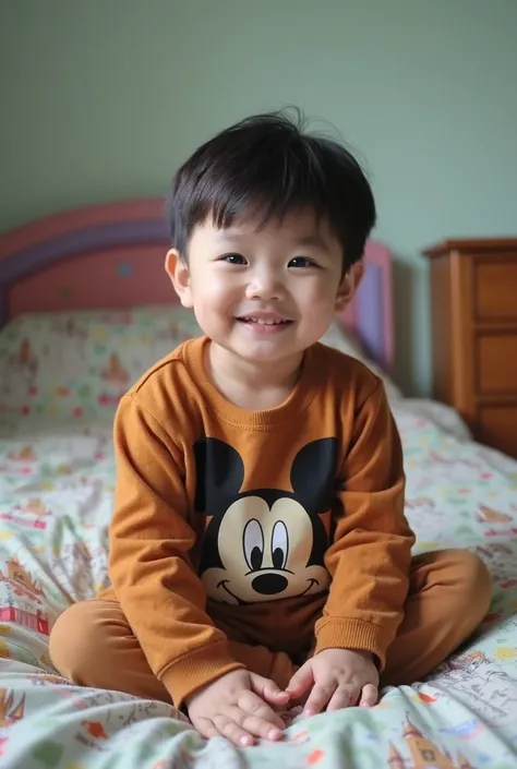 A young , likely 8-, of Asian ethnicity, is seated on a bed.  The  is positioned in the center of the image, slightly angled towards the viewer.  They are wearing an orange-brown, long-sleeved shirt with a Mickey Mouse print design. The  has short black ha...