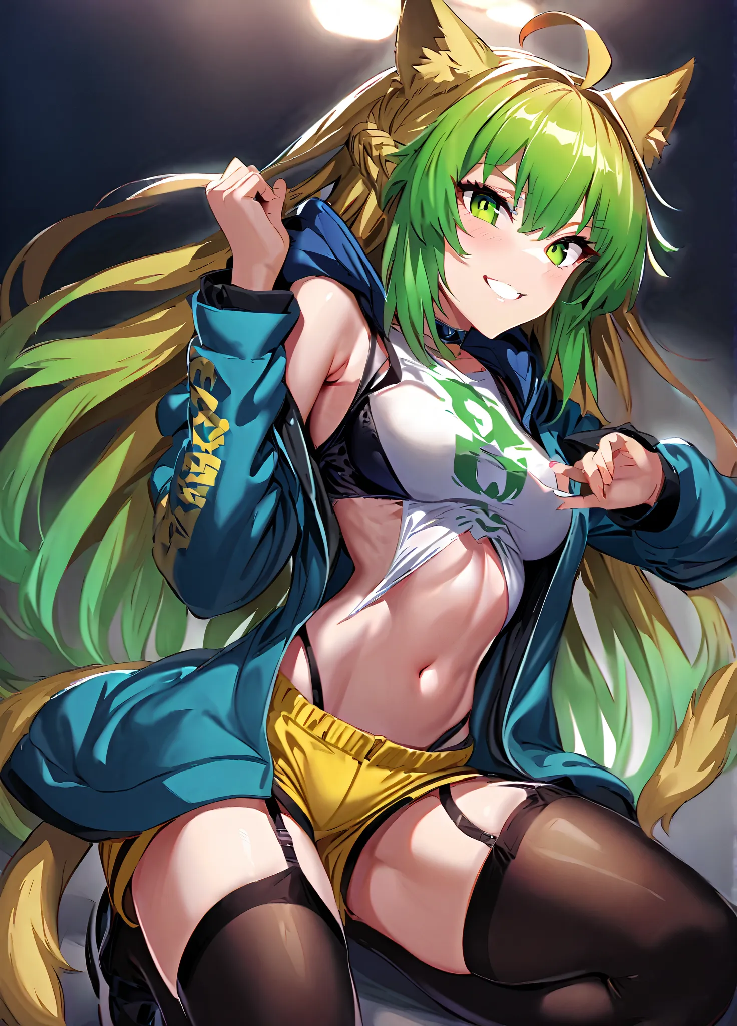 atalanta \(fate\), fate \(series\), 1girl, ahoge, animal ears, black thighhighs, blonde hair, blue jacket, blurry, breasts, choker, depth of field, garter straps, gradient hair, green eyes, green hair, hood, hooded jacket, jacket, long hair, long sleeves, ...