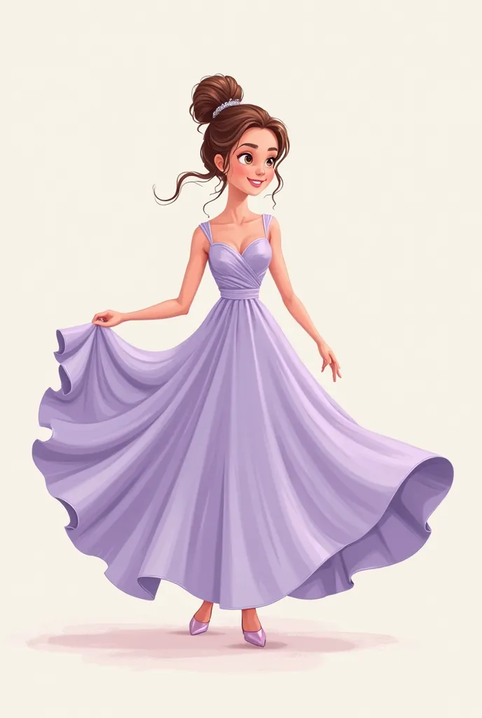 Create a cartoon image with a neutral background for a bridesmaid with flowing dress, with movement and smooth without a print in the color lilac 