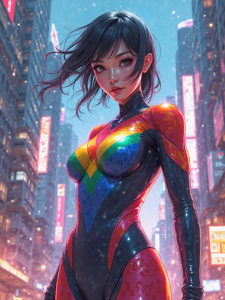 rainbow flag, superhero, Japanese woman, Tight Bodysuit, pretty face, nice body, city, Tight suit with rainbow, anime, 