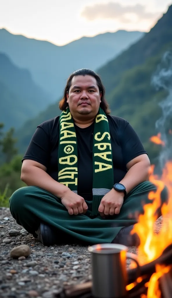 Front view of a slanted cinematic portrait, a fat man with a clean face, very long straight hair, plain black t-shirt and bottoms, a dark green cloth sarong with a typical Indonesian Muslim check pattern, is seen sitting cross-legged while showing off a gr...