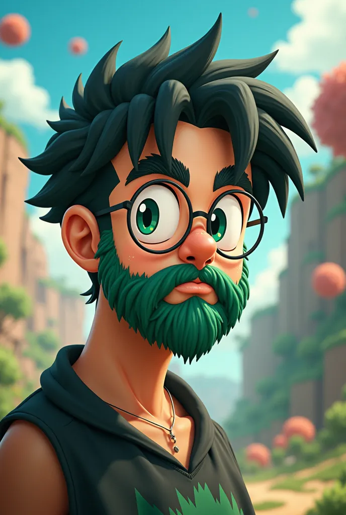 Boy with very short black brush hair, round glasses , Green-eyed Unkempt Beard , Dragon Ball style 