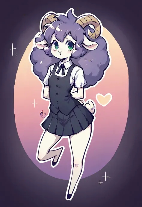  Masterpiece , Best quality,  adult ram,  Best quality  , lamb ears  ,  sheep horns  ,  very detailed illustration , ( Anthropomorphic guy:1,7),  fair skin ,  purple hair,  green eyes, (19 years old)  disheveled fluffy hair ,   pigtail hair , seductive loo...