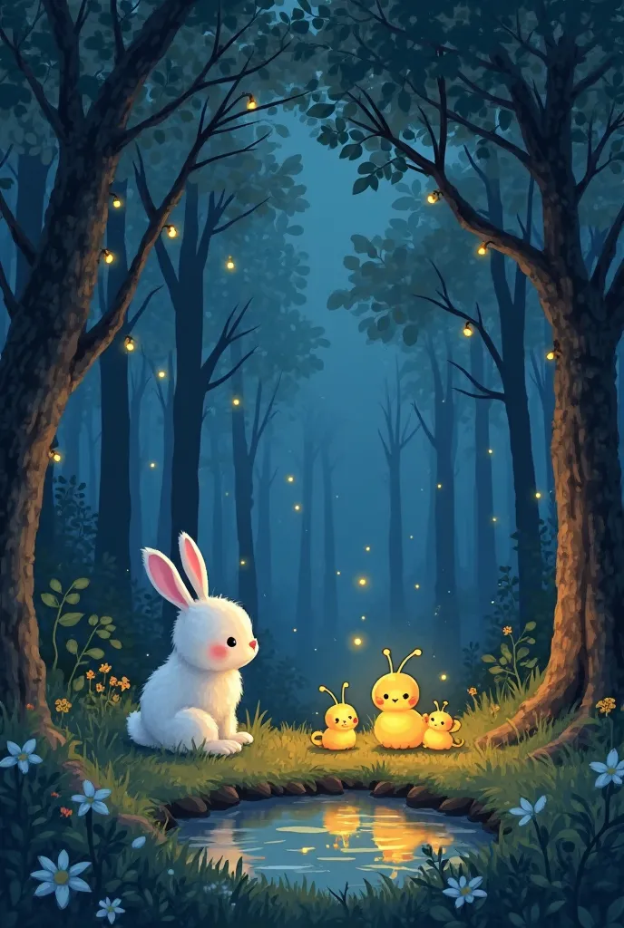 A twilight forest with glowing fireflies and a small pond. [Hoppity, a white fluffy bunny], sits with [Firefly Family, tiny glowing insects with friendly faces], learning a glowing dance. Soft blue twilight and golden glows create a magical mood. Hand-draw...