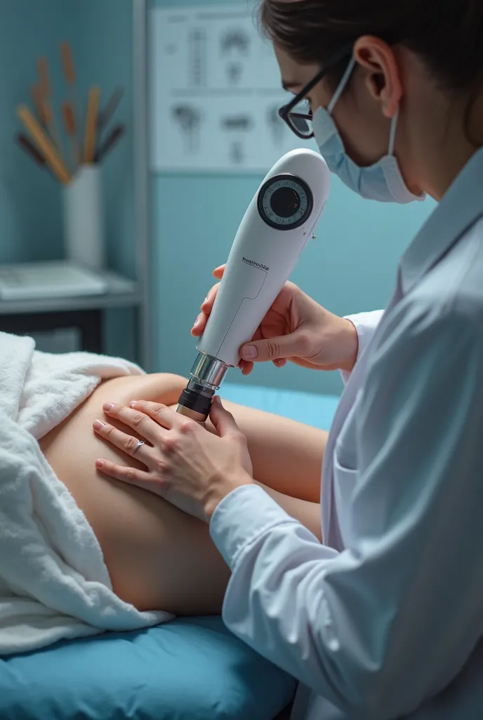 Image of a dermatologist examining a patient's genital area with a dermoscope