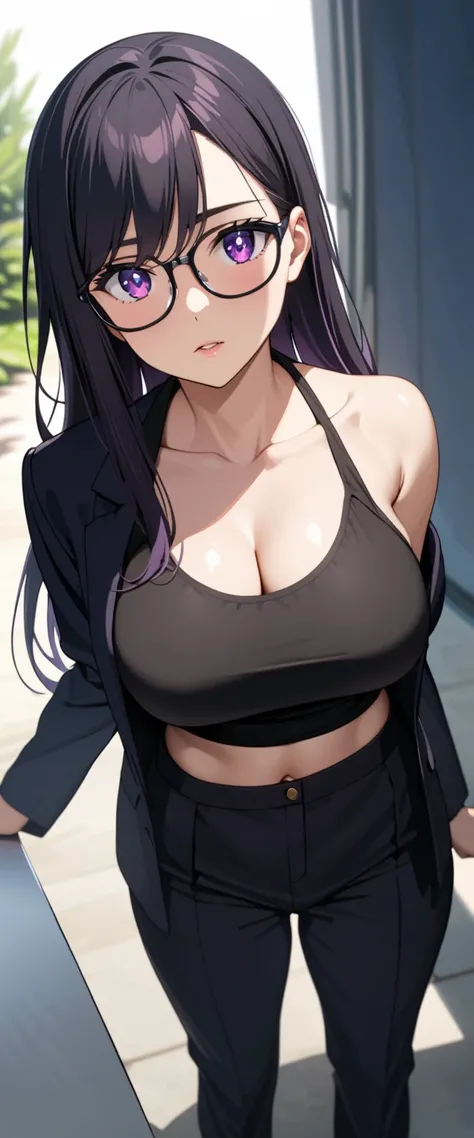 Hizuru Minakata, Summertime Rendering, 1girl, black hair, shiny and well-defined hair strands, purple eyes, detailed reflective eyes, light reflection in eyes, subtle lip gloss, radiant skin glow, beautiful breasts, wearing a black jacket, black tank top, ...