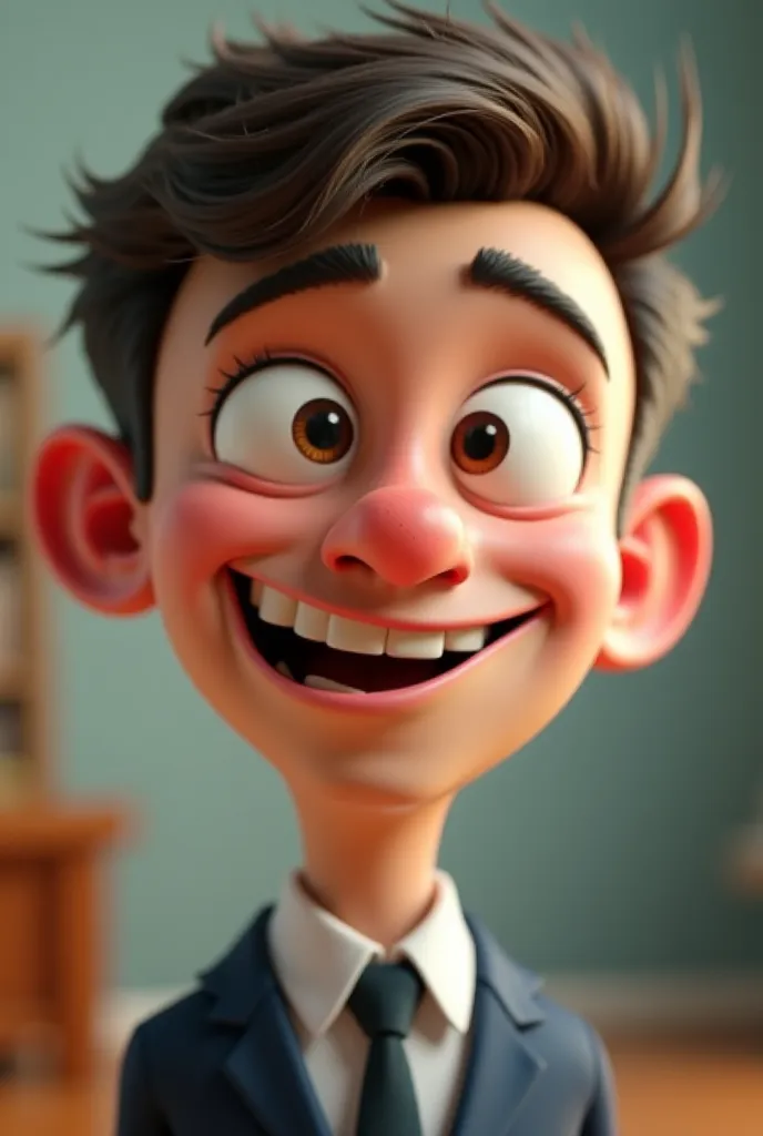 A 3D cartoon-style image of a man who looks extremely innocent and well-mannered in front of people, but has a secretly mischievous or funny side. His facial expression should be overly exaggerated, with a polite smile on the outside while his eyes or hidd...