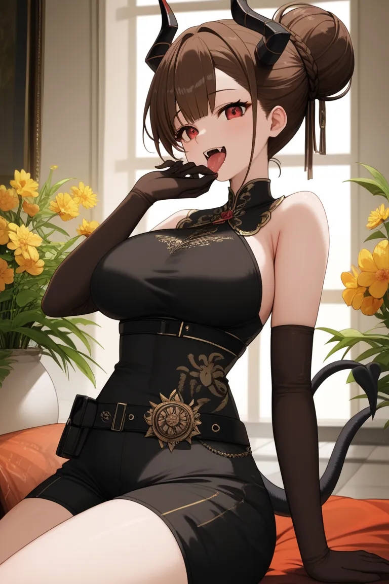 Комната background, background,xytx-licking,1girl,One,red eyes,brown hair, hair bun ,hair, big chest shorts,flower, dress , bare shoulders are visible,sleeveless ,black  dress , glove belt,elbow  glove belt,black  glove belt,has,black headgear,anime looks ...