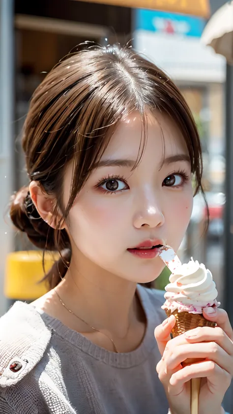 8k effect Close-up of a cute japanese woman eating an ice cream cone with cream in her hand.