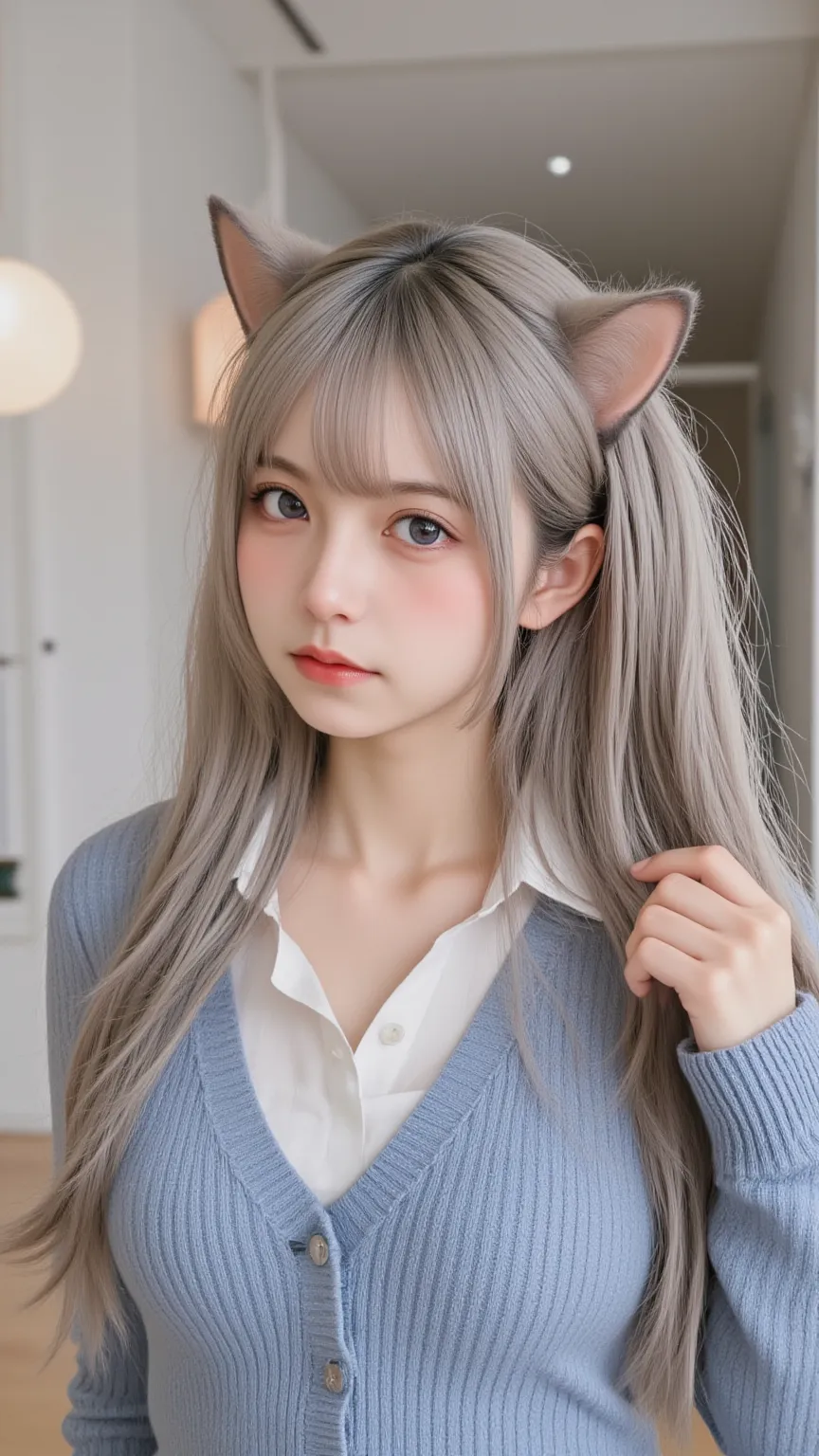  young Japanese woman ，big breasts，Upper chest，  Tiniff Blue  ， lanterns， Gradient Colored Hair ， very long hair, cat ears，  thighs， Cleevidge ，HD Bell Color  ， realistic，， Top Quality，masterpiece，one girl， Wavy Gray Hair  ，Thin Skin，cat ears，cat&#39;s eye...